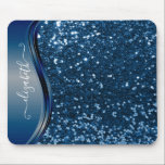 Glam Bling Personalized Glitter Calligraphy Blue  Mouse Pad<br><div class="desc">This design does not contain actual glitter or sequins. It may be personalized in the area provided by changing the photo and/or text. Or it can be customized by clicking Personalize this Template and then choosing the click to customize further option and delete or change the colour of the background,...</div>