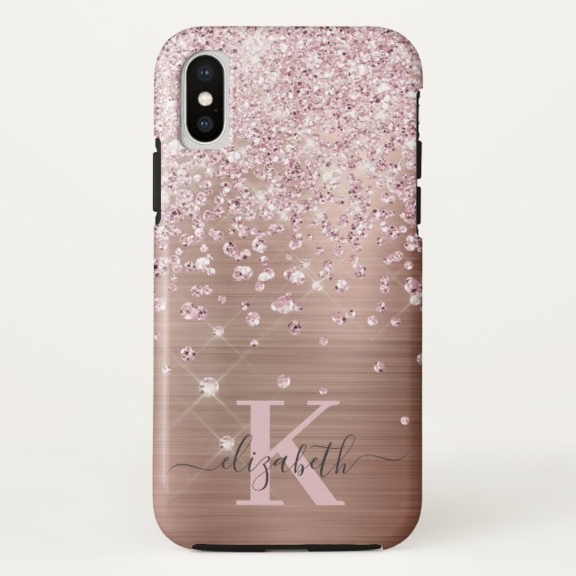 Glam Bling Rose Gold Diamond Confetti Monogrammed Case-Mate iPhone Case (Back)