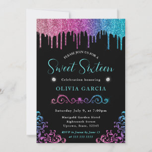 Glam Blue and Pink Gradient Glitter Sweet 16 Invitation