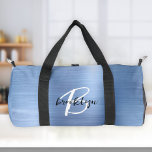 Glam Blue Brushed Metal Black White Monogram  Duffle Bag<br><div class="desc">This personalized duffel bag features a monogram and first name in modern black and white script on a glam blue faux brushed metal background.</div>