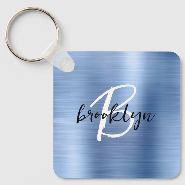 Glam Blue Brushed Metal Monogram  Keychain (Front)