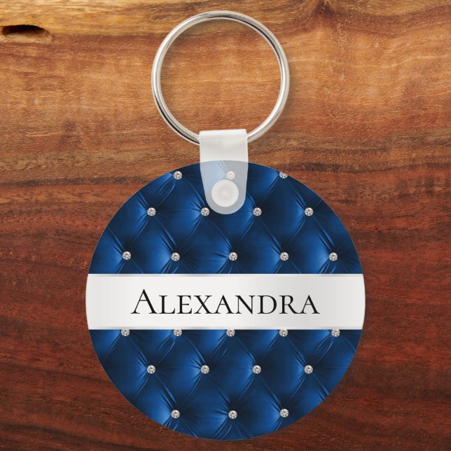 Glam Blue faux Velvet Luxury Name Keychain (Front)