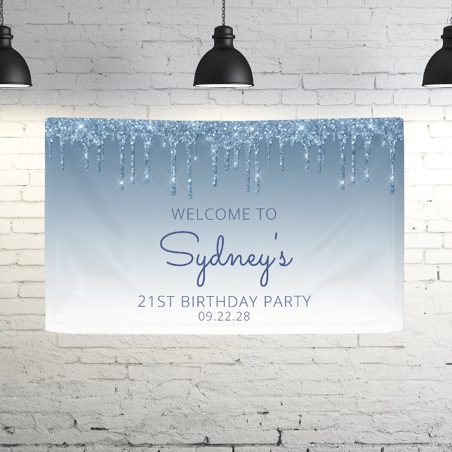 Glam Blue Glitter Drip 21st Birthday Party Banner (Creator Uploaded)