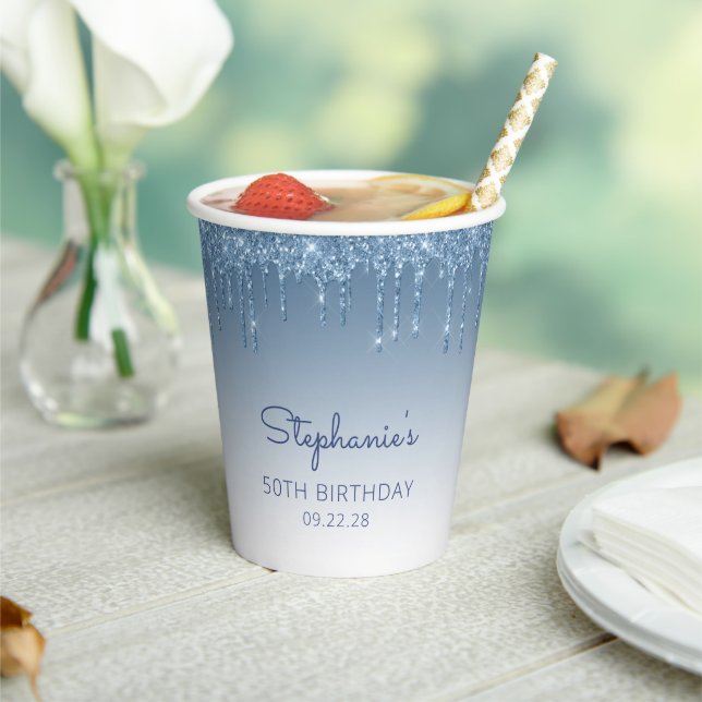 Glam Blue Glitter Drip 50th Birthday Party Paper Cups (Insitu)