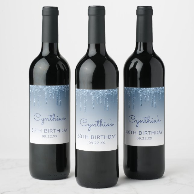 Glam Blue Glitter Drip 60th Birthday Party Wine Label (Bottles)