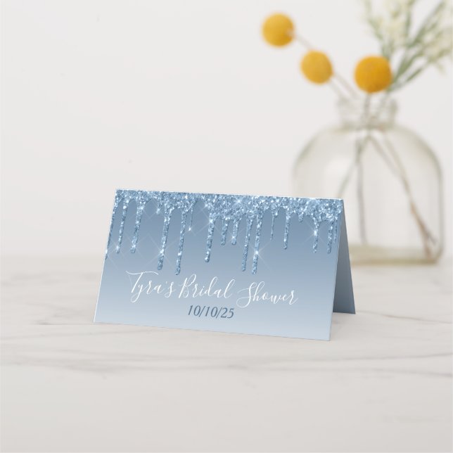 Glam Blue Glitter Drip Elegant Personalized  Place Card (Back)