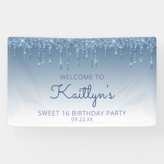 Glam Blue Glitter Drip Sweet 16 Party Banner (Horizontal)
