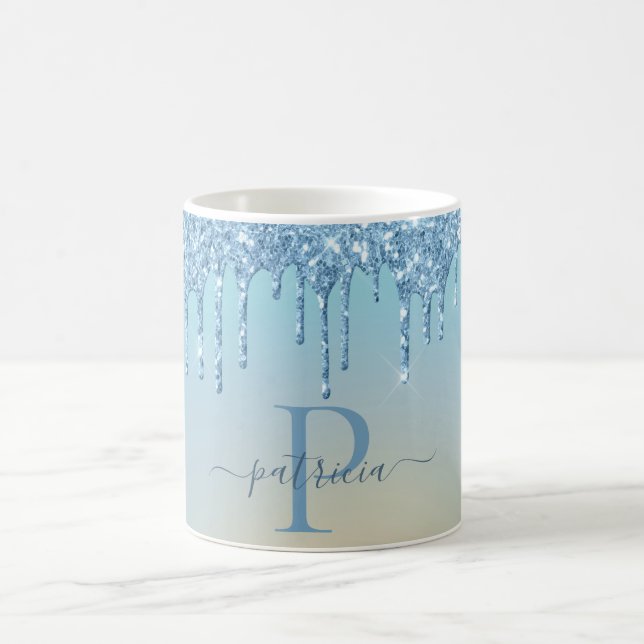 Glam Blue Glitter Drips Elegant Monogram  Coffee Mug (Center)