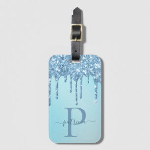 Glam Blue Glitter Drips Elegant Monogram  Luggage  Tag