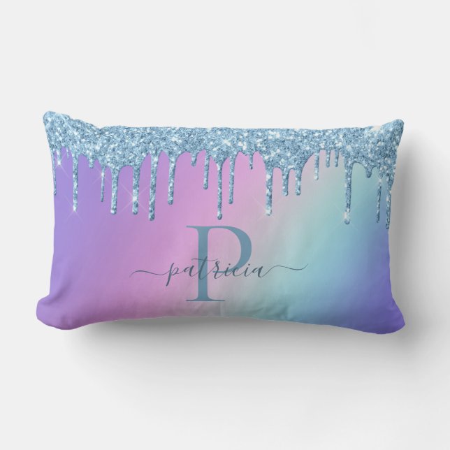 Glam Blue Glitter Drips Elegant Monogram Lumbar Pillow (Front)