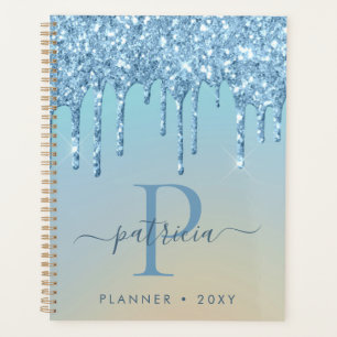 Glam Blue Glitter Drips Elegant Monogram Planner