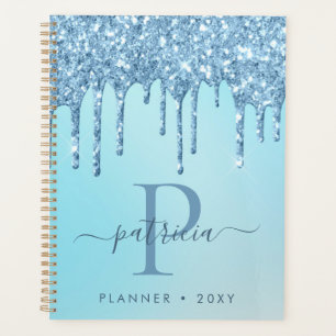 Glam Blue Glitter Drips Elegant Monogram   Planner
