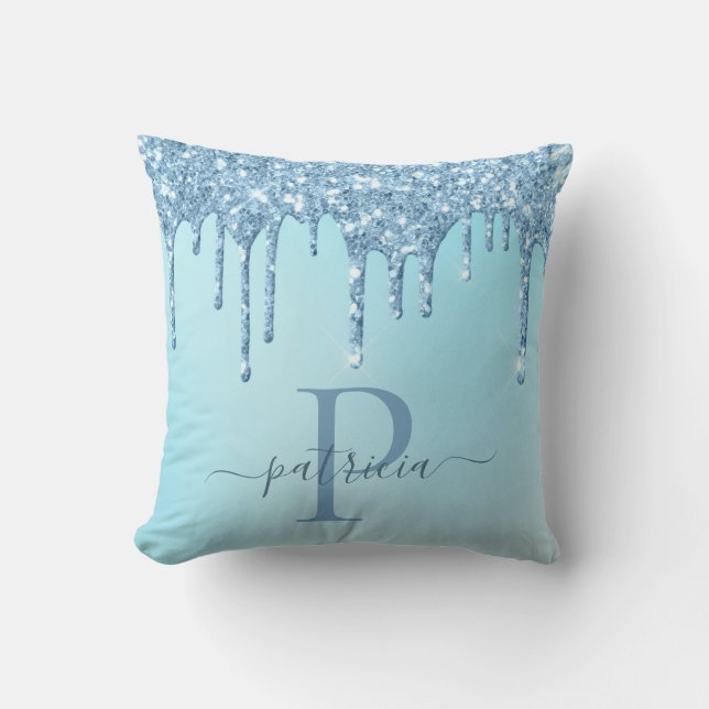 Glam Blue Glitter Drips Elegant Monogram  Throw Pi Pillow (Front)