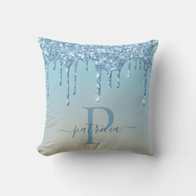 Glam Blue Glitter Drips Elegant Monogram  Throw Pillow (Front)