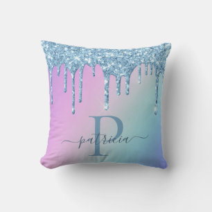 Glam Blue Glitter Drips Elegant Monogram   Throw Pillow