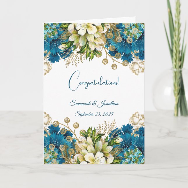 Glam Blue Gold Floral Wedding Card (Front)