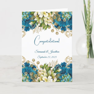 Glam Blue Gold Floral Wedding Card