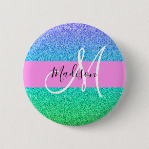 Glam Blue Green Glitter Sparkle Gradient Monogram 2 Inch Round Button