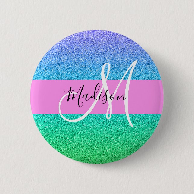 Glam Blue Green Glitter Sparkle Gradient Monogram 2 Inch Round Button (Front)