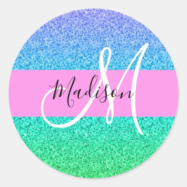 Glam Blue Green Glitter Sparkle Gradient Monogram Classic Round Sticker (Front)