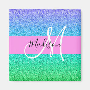 Glam Blue Green Glitter Sparkle Gradient Monogram Magnet