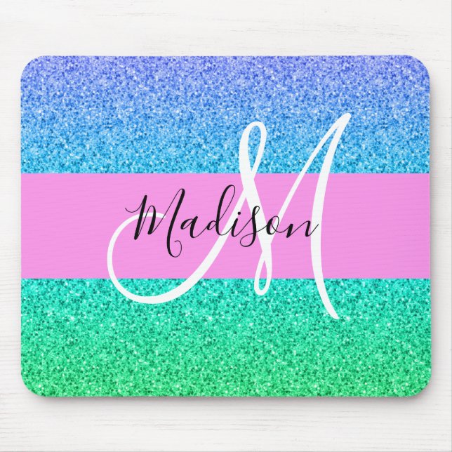 Glam Blue Green Glitter Sparkle Gradient Monogram Mouse Pad (Front)