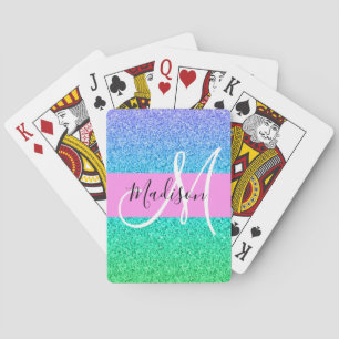Glam Blue Green Glitter Sparkle Gradient Monogram Playing Cards