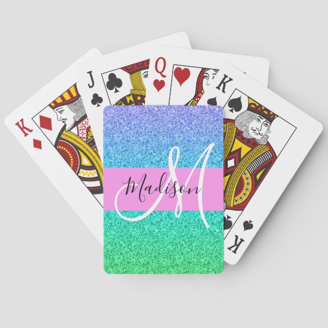 Glam Blue Green Glitter Sparkle Gradient Monogram Playing Cards (Back)