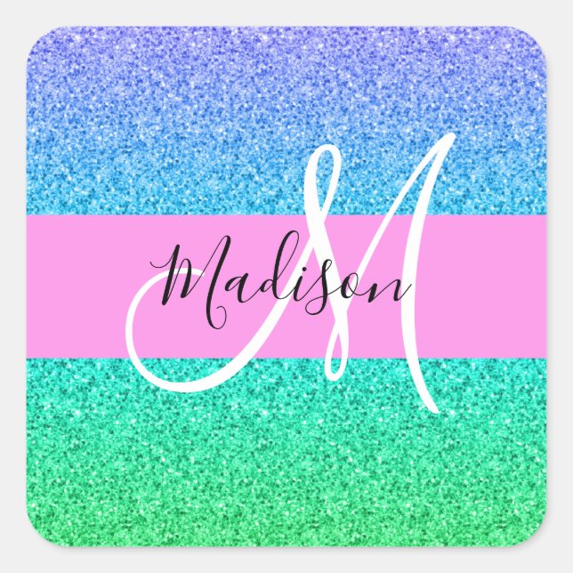 Glam Blue Green Glitter Sparkle Gradient Monogram Square Sticker (Front)
