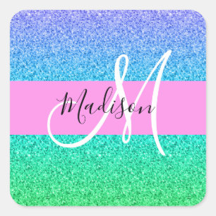 Glam Blue Green Glitter Sparkle Gradient Monogram Square Sticker