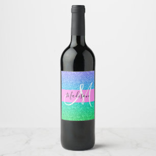 Glam Blue Green Glitter Sparkle Gradient Monogram Wine Label