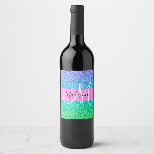 Glam Blue Green Glitter Sparkle Gradient Monogram Wine Label (Front)