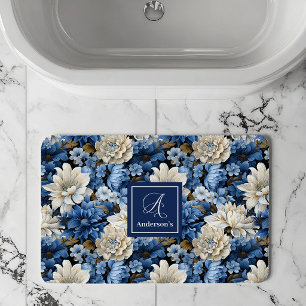 Glam Blue Ivory Flowers Custom Name Bath Mat
