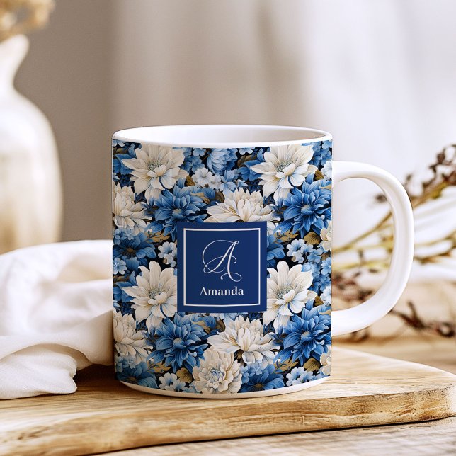 Glam Blue Ivory Flowers Custom Name Coffee Mug (Glam Blue Ivory Flowers Custom Name Coffee Mug)