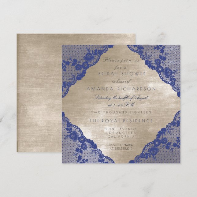 Glam Blue Navy Lace Ivory Velvet Bridal Shower Invitation (Front/Back)