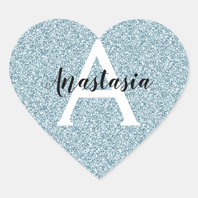 Glam Blue Silver Glitter Sparkles Monogram Name Heart Sticker (Front)