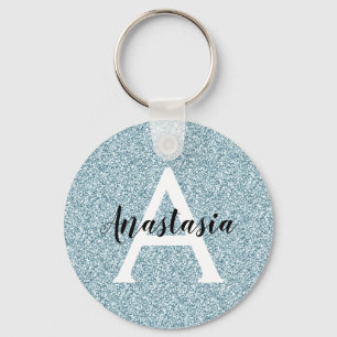 Glam Blue Silver Glitter Sparkles Monogram Name Keychain
