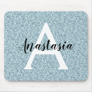 Glam Blue Silver Glitter Sparkles Monogram Name Mouse Pad