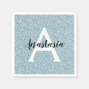 Glam Blue Silver Glitter Sparkles Monogram Name Napkin