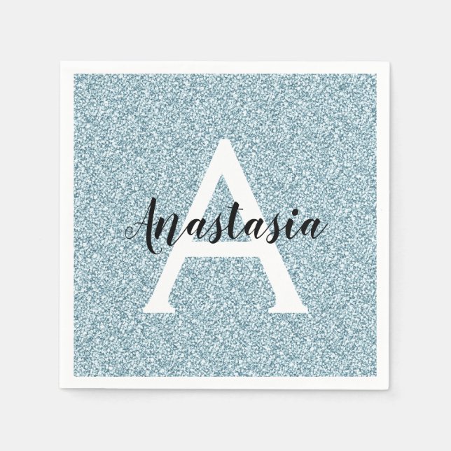 Glam Blue Silver Glitter Sparkles Monogram Name Napkin (Front)