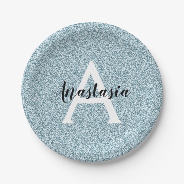 Glam Blue Silver Glitter Sparkles Monogram Name Paper Plate (Front)