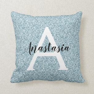 Glam Blue Silver Glitter Sparkles Monogram Name Throw Pillow