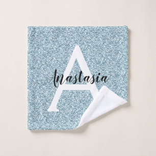 Glam Blue Silver Glitter Sparkles Monogram Name Wash Cloth