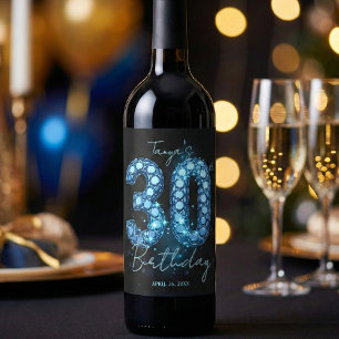 Glam Blue Teal Diamond Sparkle 30th Birthd Wine Label