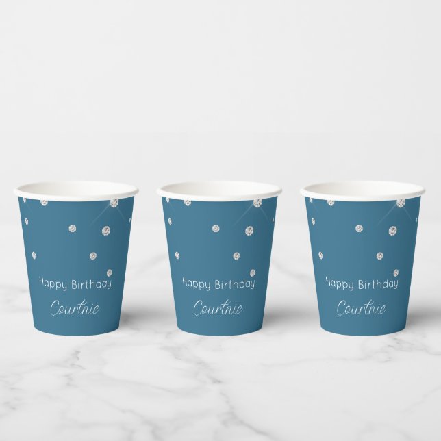 Glam Blue White Diamonds Birthday Paper Cups (Multi)