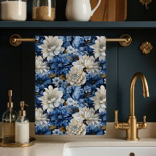 Glam Blue White Ivory Floral Luxury Kitchen Towel