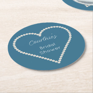Glam Blue White Pearls Bridal Shower Round Paper Coaster