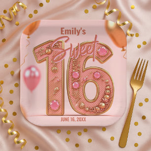 Glam Blush and Rose Gold Sparkle Sweet Sixteen Paper Plate