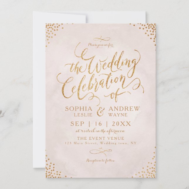 Glam blush glitter rose gold calligraphy wedding invitation (Front)