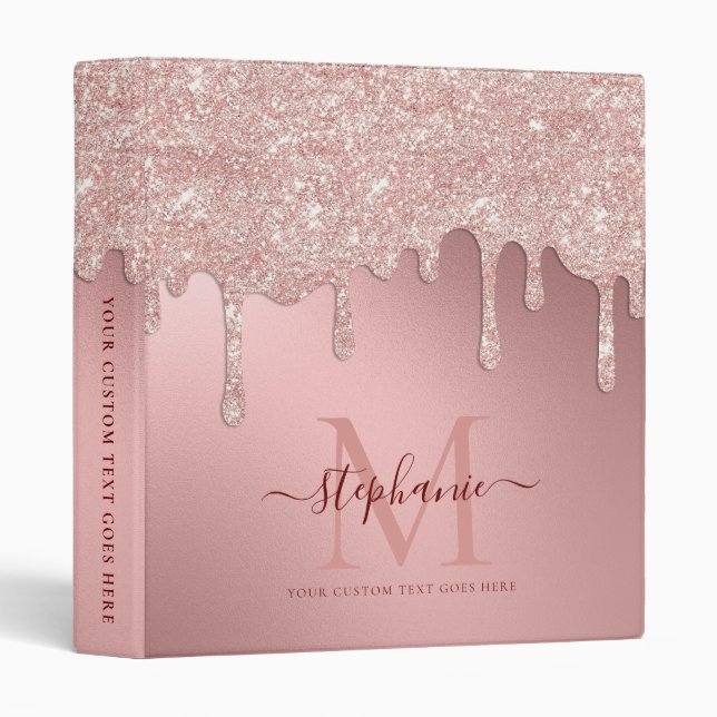 Glam Blush Pink Glitter Drip Foil Monogram Binder (Front/Spine)